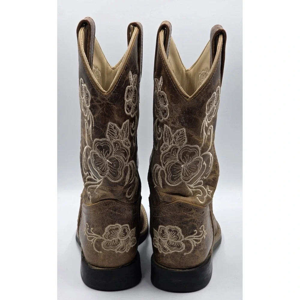 Shyanne Girls Brown Distressed Leather Floral Embroidered Cowboy Boots Size 3 D